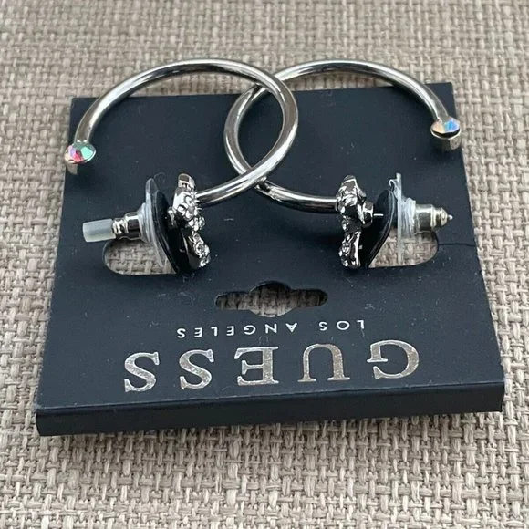 Guess Women Earrings Silver Tone Crystal Bow Hoops Jack Post New - Picture 4 of 11